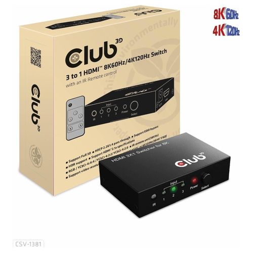 Club3d 3 To 1 Hdmi 8k60hz Switch Switch per Keyboard-Video-Mouse (Kvm) Nero