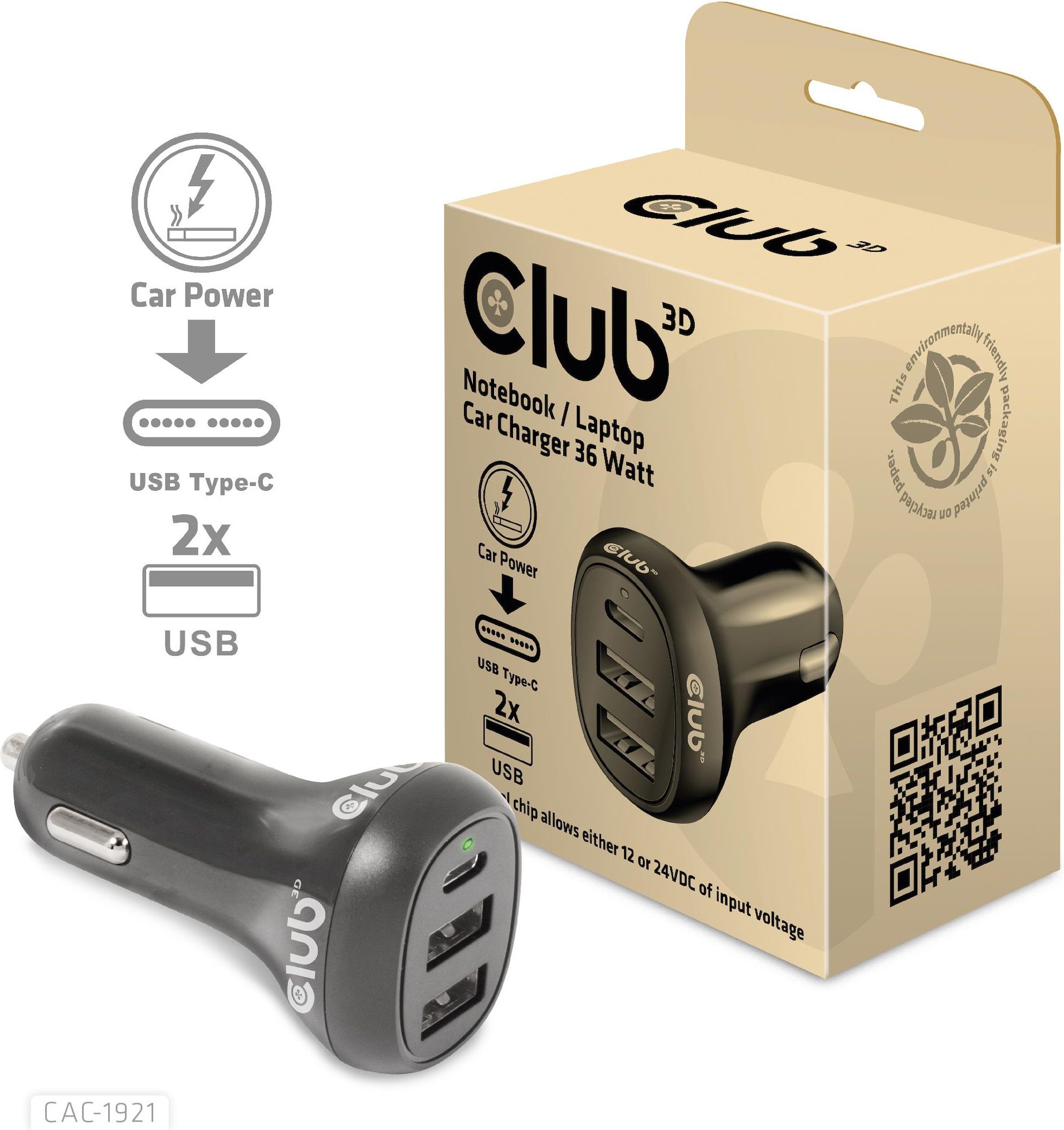 Club3d Caricatore da Auto per Notebook-Laptop 12V 36 Watt