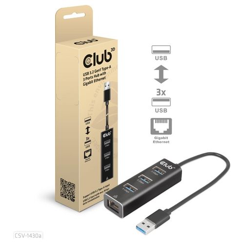 Club3d CSV-1430A USB 3.2 Gen1 Type-A 3 Porte Hub con Gigabit Ethernet