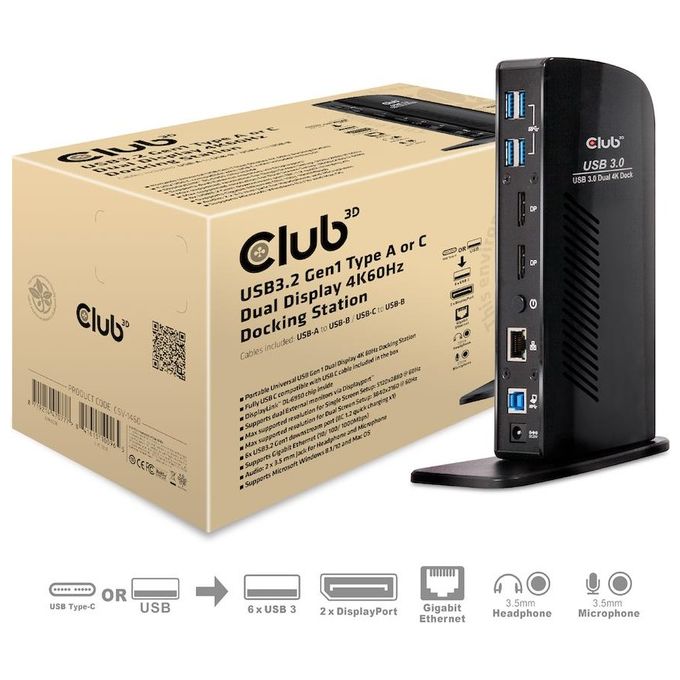 Club3d Docking Station Input usb 3.0 b male dc 5v fem Output Displayport usb a 3.0 Gigabit Ethernet port 3.5mm Audio jack 2.1 3.5mm mic jack
