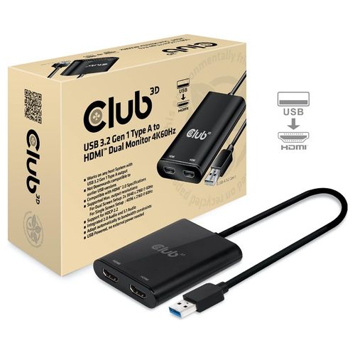 Club3D Sense Vision Splitter Video USB3.1 a 2 Hdmi 2.0 Dual Monitor 4K 60Hz Nero