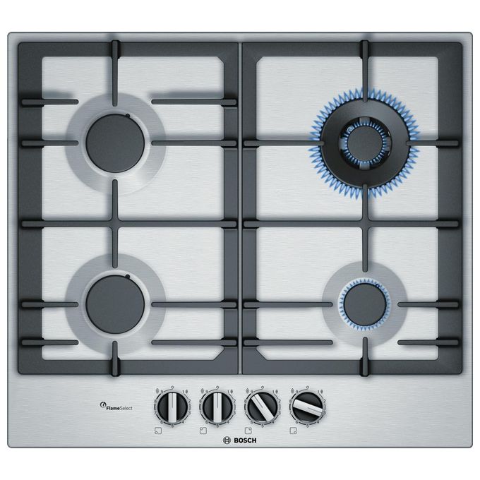 [ComeNuovo] Bosch PCH6A5B90 Serie 6 Piano Cottura a Gas 4 Fuochi Griglie in Ghisa FlameSelect 1 Bruciatore Wok 60 cm Acciaio Inox