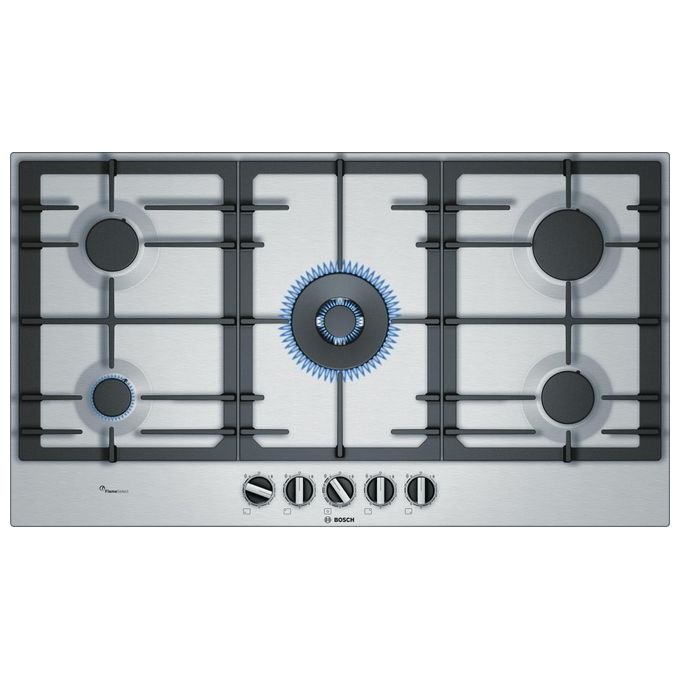 Image of [ComeNuovo] Bosch Serie 6 PCR9A5B90 Piano cottura a Gas 5 Fuochi (4+1 Wok) Griglie in Ghisa FlameSelect 90 cm Inox