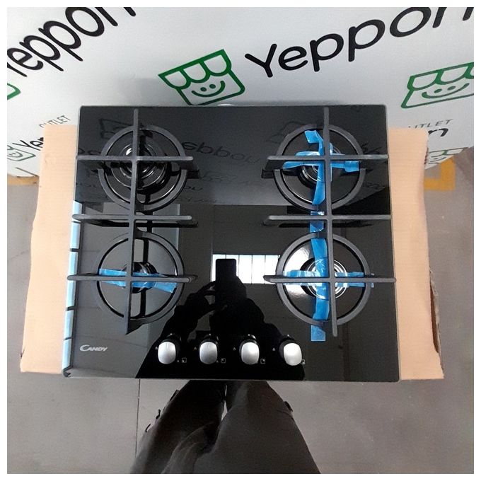 [ComeNuovo] Candy CVG6B New Timeless GOG Piano Cottura a Gas su vetro 4 zone Manopole Timeless Griglie in ghisa 60 cm 4 livelli di potenza Nero
