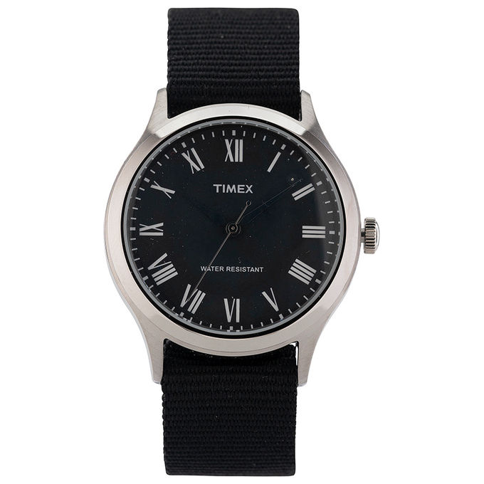 [ComeNuovo] Timex Orologio al quarzo WHITNEY AVENUE quadrante in acciaio 35 MM case colore acciaio - quadrante nero cinturino in tessuto Nero 18 MM resistente all'acqua fino a 50 M di profondita