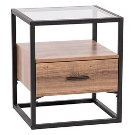 Comodino Jaipur con 1 Cassetto in Legno Truciolato e Vetro Temperato 44x40cm/H60cm Marrone/Nero