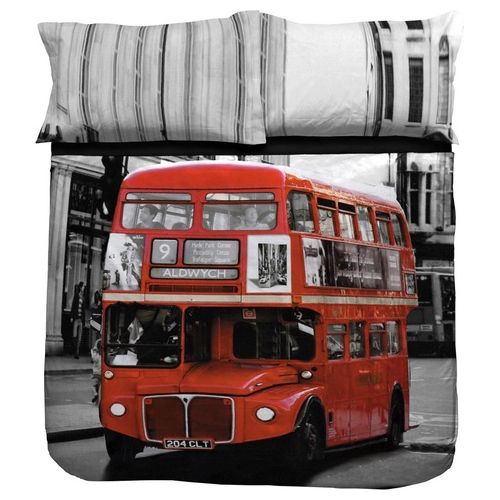 Completo copripiumino matrimoniale Londonbus A02 in cotone 240x200x1 Fantasia, Grigio, Rosso