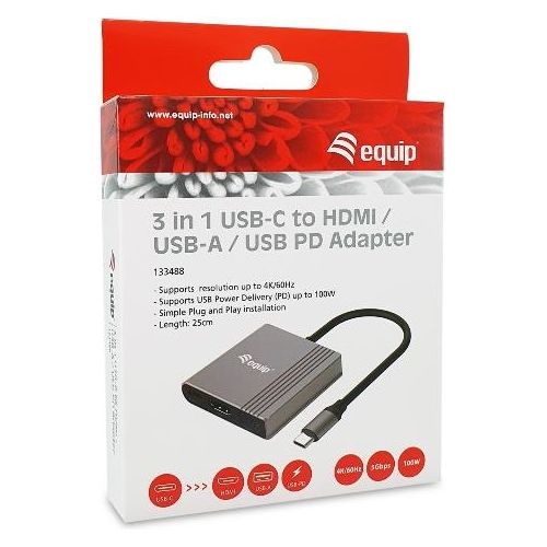 Conceptronic Adattatore 3 in 1 USB-C a HDMI/USB-A/USB PD 4K/60 Hz PD 100W