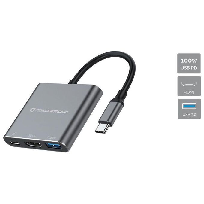 Conceptronic DONN18G Replicatore di Porte e Docking Station per Laptop Cablato Usb 3.2 Gen 1 Type-c Grigio