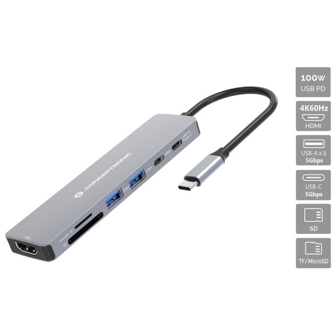 Conceptronic DONN28G Hub USB 3.2 Type-C 5 Porte 4K 100W Grigio Alluminio Lettore SD
