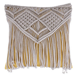 Cuscino arredo ecru' e giallo 45x45 cm in cotone, ricami e frange, Macrame'