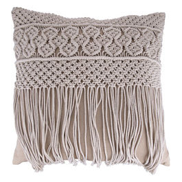 Cuscino arredo ecru' e beige 60x60 cm in cotone, ricami e frange, Macrame' Chocolate