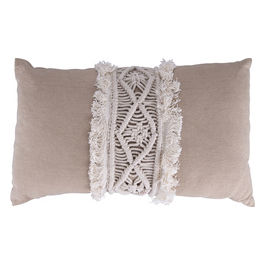 Cuscino arredo rettangolare nude e marrone 30x50 cm in cotone, rombi e frange, Macrame' Chocolate