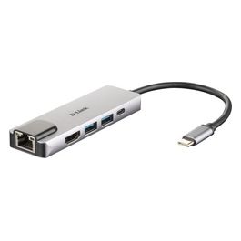 D-Link DUB-M520 Hub USB di Tipo C, 5 in 1, Adattatore USB C con HDMI 4K e 1080p, 2 Porte USB 3.0/USB 2.0, Porta USB C di Ricarica fino a 60 W e dati, 1 x Porta Ethernet RJ45