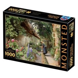 Puzzle da 1000 Pezzi - Peder Mã¸rk Mã¸nsted: An Old Woman Watering The Flowers Behind The Thached Farmhouse