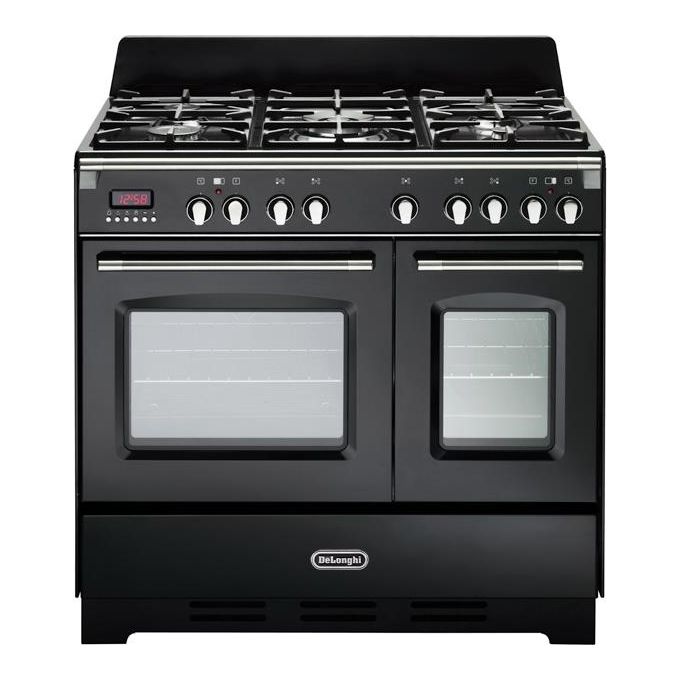 De Longhi MEM 965T NN ED Linea MasterCook Cucina a Gas Libera Installazione Doppio Forno elettrico 5 Fuochi Griglie in Ghisa Classe energetica A/B Bruciatore Tripla Corona Programmatore Elettronico 8 Funzioni 90 cm Nero Brillante