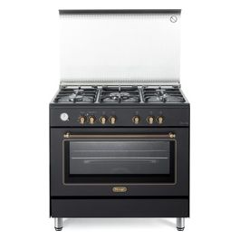 De Longhi PEMA 965 C ED Linea Country Cucina a Gas Libera Installazione Forno Elettrico 5 Fuochi Griglie in Ghisa Classe energetica A Bruciatore Tripla Corona Coperchio in Cristallo 6 Funzioni 90 cm Antracite