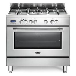 De Longhi PRO 96 MX ED Linea Professional Cucina a Gas Libera Installazione Forno Elettrico 5 Fuochi Griglie in Ghisa Classe energetica A Bruciatore Tripla Corona Pizza Stone Vano Scaldavivande 9 Funzioni 90 cm Acciaio Inox