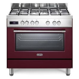 De Longhi PRO 96 MR ED Linea Professional Cucina a Gas Libera Installazione Forno Elettrico 5 Fuochi Griglie in Ghisa Classe energetica A Bruciatore Tripla Corona Pizza Stone Vano Scaldavivande 9 Funzioni 90 cm Bordeaux