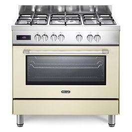 De Longhi PRO 96 MC ED Linea Professional Cucina a Gas Libera Installazione Forno Elettrico 5 Fuochi Griglie in Ghisa Classe energetica A Bruciatore Tripla Corona Pizza Stone Vano Scaldavivande 9 Funzioni 90 cm Crema