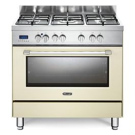 De Longhi PRO 96 MC ED Linea Professional Cucina a Gas Libera Installazione Forno Elettrico 5 Fuochi Griglie in Ghisa Classe energetica A Bruciatore Tripla Corona Pizza Stone Vano Scaldavivande 9 Funzioni 90 cm Crema