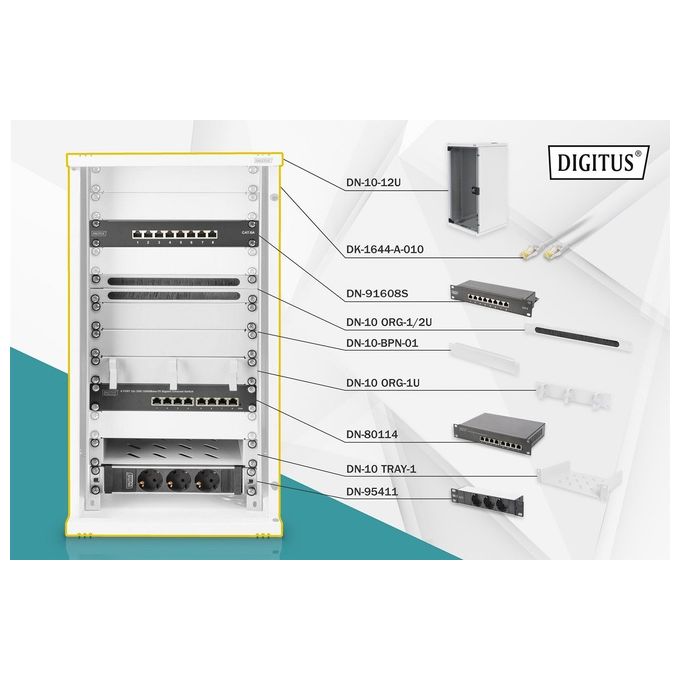 DIGITUS armadio rack 12 unita 10'' con 1 ripiano, multipresa, switch di rete 8 porte gigabit, pannello patch 8 porte, 10 cavi di rete, 2 pannelli copertura, guidacavi grigio digitus