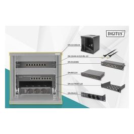 DIGITUS armadio rack 5 unita 10" con 1 ripiano, multipresa 3 prese, switch di rete 8 porte gigabit, pannello patch 8 porte cat 6 nero digitus