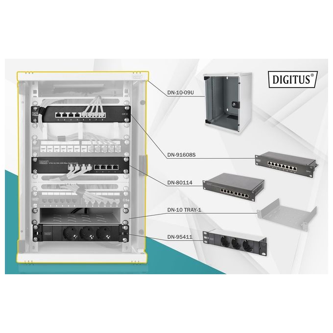 Digitus Armadio Rack 9 Unita 10'' con 1 Ripiano Multipresa Switch di Rete 8 Porte Gigabit Pannello Patch 8 Porte 10 Cavi Rete Grigio