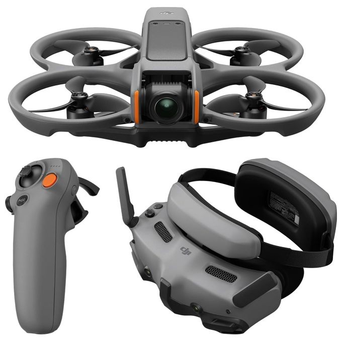 DJI Avata 2 Fly More Combo Drone FPV con Fotocamera 4K Paraeliche Integrati 360 Semplificati con una Sola Pressione Goggles 3 e RC Motion 3 Inclusi