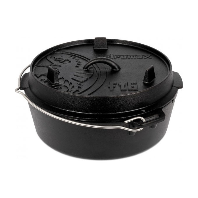 Petromax 01997279 Dutch Oven FT6-T Forno Olandese in Ghisa Pretrattata Capacita' 6.1 Litri Compatibile con Carbonella Gas Induzione Coperchio Multifunzionale Manico Resistente Canale di Sfiato colore Nero