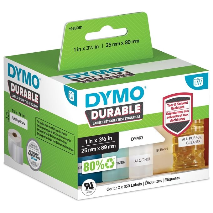 DYMO 1933081 Etichette Durevoli Originali Poliestere Bianco 25mm x 89mm 700 Etichette Autoadesive Per Stampanti LabelWriter colore Bianco