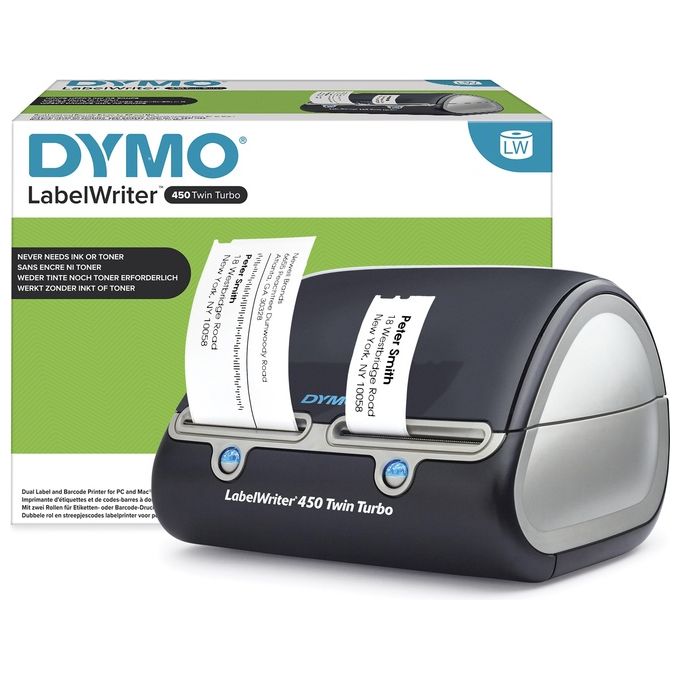 DYMO S0838870 LabelWriter 450 Twin Turbo Stampante per etichette Stampa termica diretta Risoluzione 600 x 300 dpi Velocita' fino a 71 etichette al minuto USB 2.0 Compatibile Windows e Mac colore Nero Argento