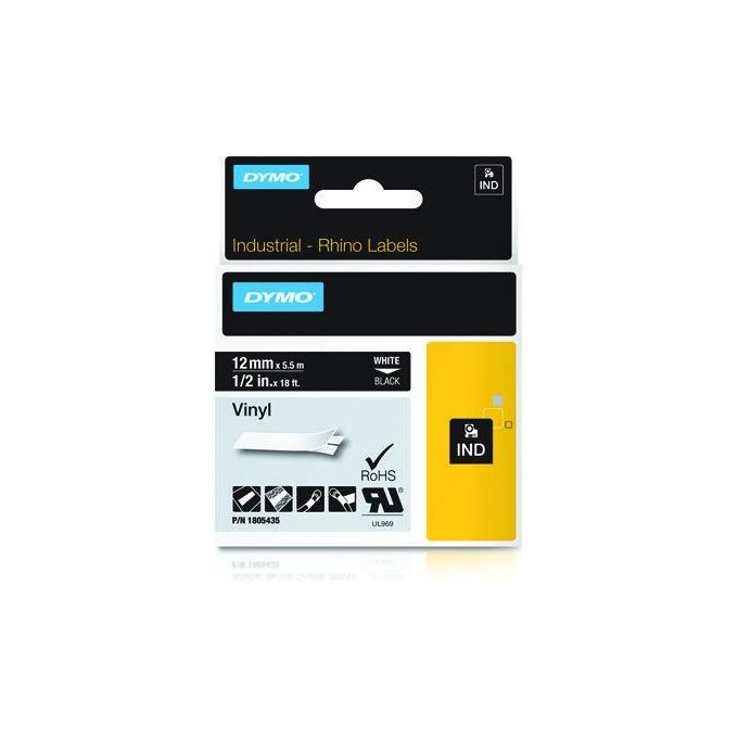 Image of Dymo Rhino 12mmx5.5mt Vinile Bianco Su Nero