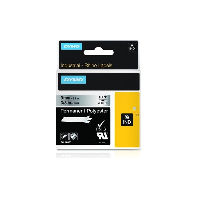 Image of Dymo Rhino 9mmx5.5mt Poliestere Nero su Metallo