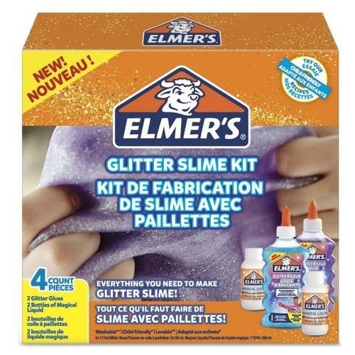 Elmer's Kit Glitterato per Slime con Colla Glitterata Viola e Blu e 2 Flaconi di Liquido Magico Attivatore di Slime, 4 Pezzi
