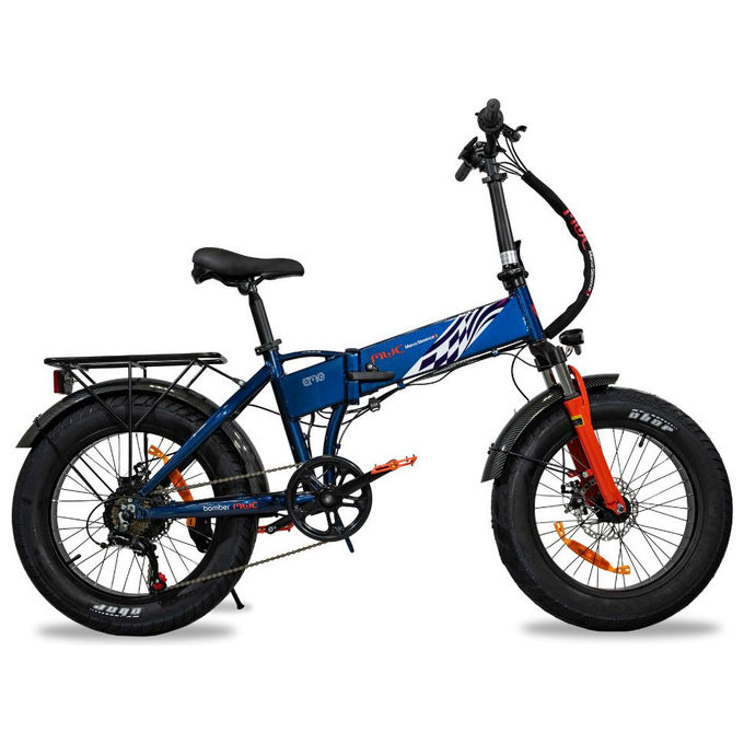 Emg Bomber MWC, bicicletta elettrica pieghevole, motore 250W, batteria 36V 10Ah, ruote 20'' fat, cambio Shimano 6V, blu