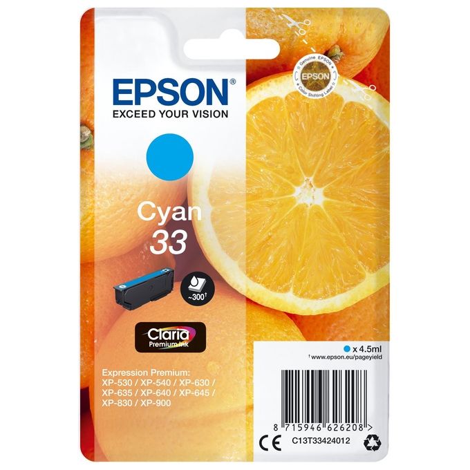 Epson 33 4.5 ml cyan originale blister cartuccia dinchiostro per Expression Home XP-530, 630, 635, 830, Expression Premium XP-540, 630, 640, 645, 830,