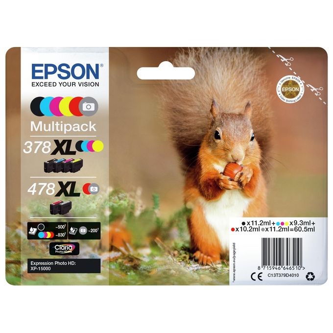 Epson C13T379D4010 Squirrel Multipack Cartucce Originali 6 Colori Nero Ciano Magenta Giallo Rosso Grigio 378XL 478XL Claria Photo HD colore Nero