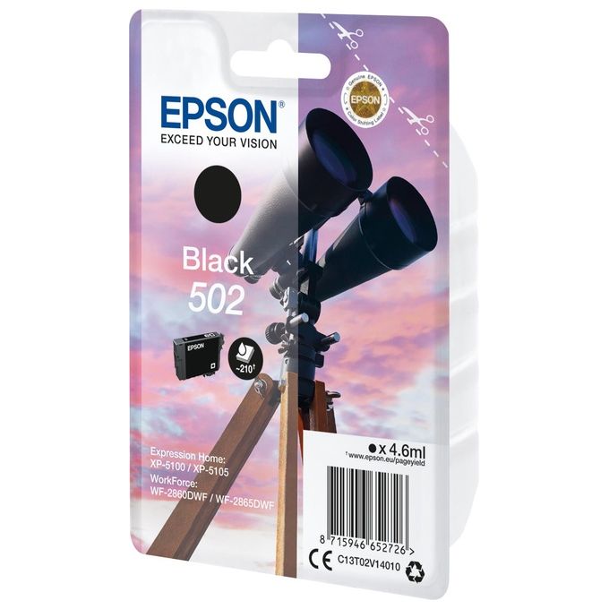 Epson C13T02V14020 502 Binocolo Cartuccia Inkjet Resa Standard Inchiostro a Pigmenti 4,6 ml 210 pagine colore Nero