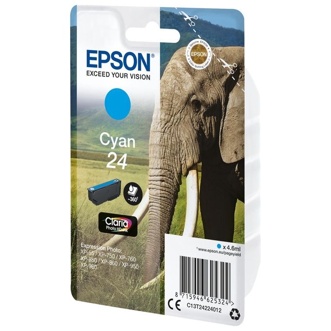 Epson C13T24224022 Serie 24 Elefante Cartuccia Inchiostro Claria Photo HD 4.6 ml 360 pagine colore Ciano