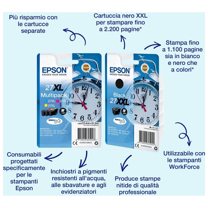 Epson C13T27154012 Multipack Cartuccia Inkjet DURABrite Ultra 27XL Pigmento 3 Colori Ciano Magenta Giallo 1100 pagine