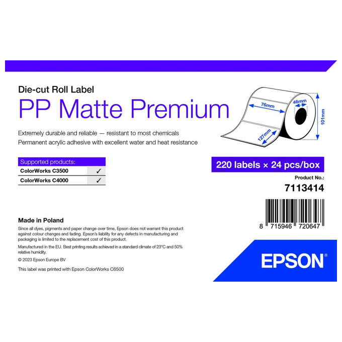 Epson 7113414 Etichetta autoadesiva 76mm x 127mm Bianco Per stampante ColorWorks C3500-C4000