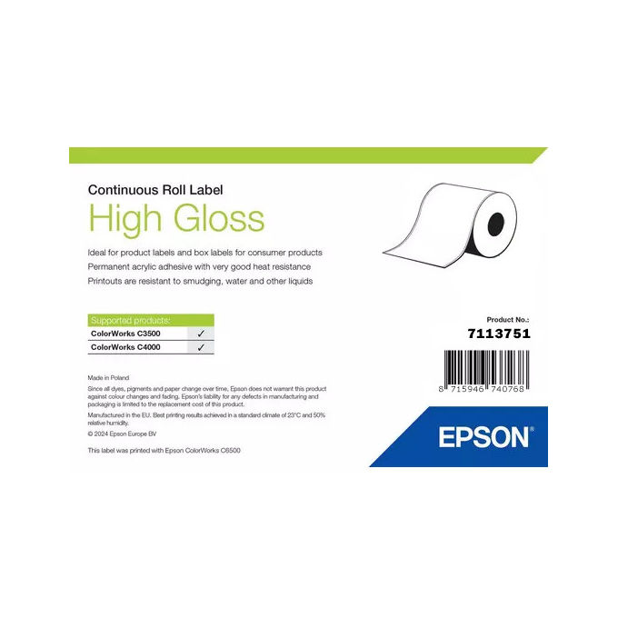 Epson 7113751 Etichetta Lucida Autoadesiva per Stampante 7,6 cm x 33 m Rotolo