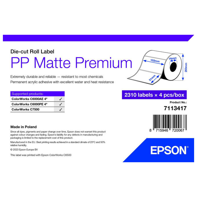 Epson Etichetta per Stampante 102mm x 51mm Opaca Polipropilene 7113417