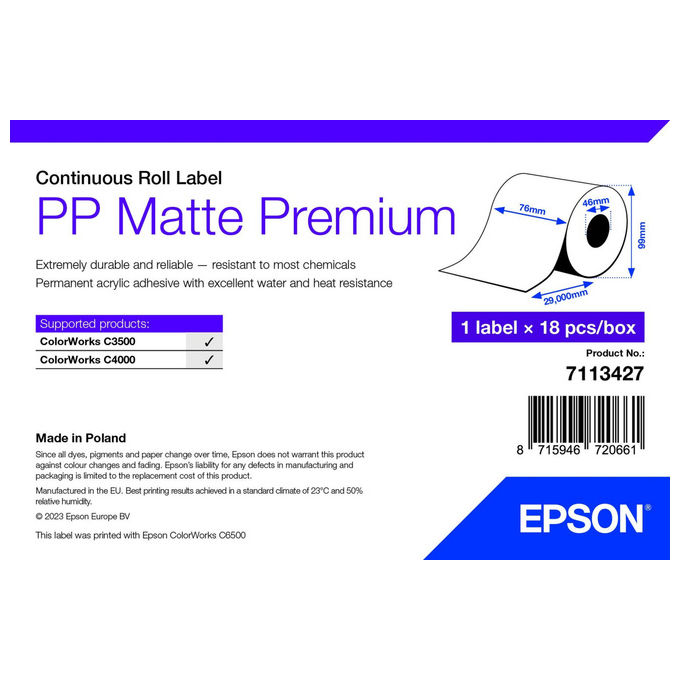 Epson 7113427 Etichetta per stampante 76 mm x 29 m Premium opaco PP Bianco