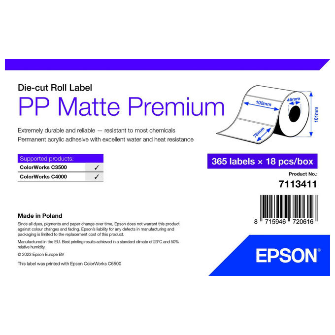 Epson 7113411 Etichetta per Stampante Autoadesiva 102 mm x 76 mm Bianca