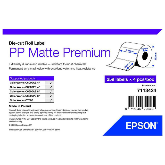 Epson Etichetta per Stampante Autoadesiva Bianca 21x10.5 cm 7113424