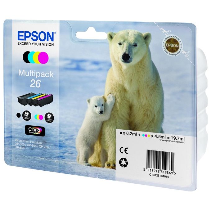 Epson C13T26164020 Polar Bear Multipack Cartucce Inkjet 4 Colori Nero Ciano Magenta Giallo Inchiostro Pigmento