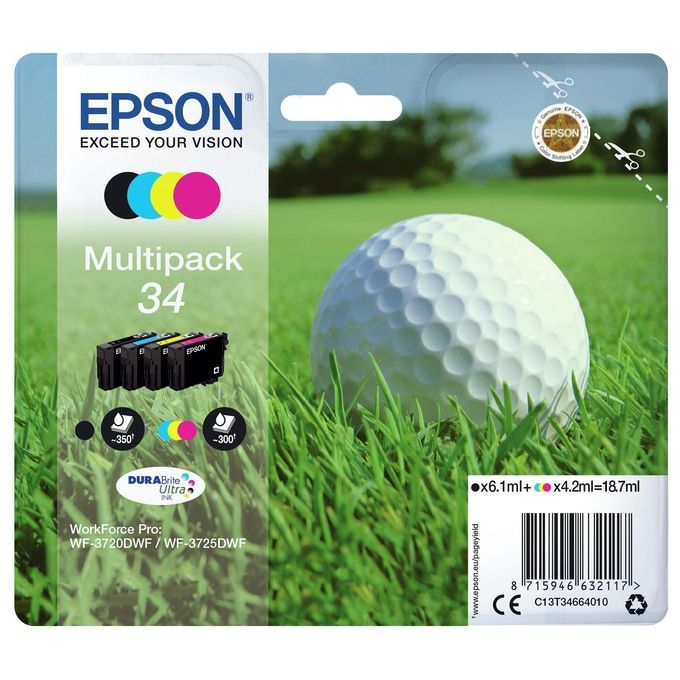 Epson C13T34664010 DURABrite Ultra 34 Multipack Cartucce Inkjet Nero Ciano Magenta Giallo WF-3720DWF WF-3725DWF colore Multicolore