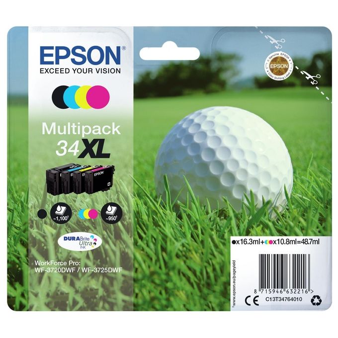 Epson C13T34764010 34XL Multipack Cartucce Inkjet 4 Colori DURABrite Ultra Alta Capacita' Compatibile WF-3720DWF WF-3725DWF colore Nero Ciano Magenta Giallo